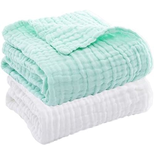 Aablexema Baby Muslin Bath Towels - Set of 2 Large Size 43X43 Inches Swaddle Blanket for Newborn Toddlers Boys Girls(White&Green)