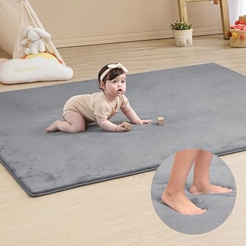 Memory Foam Baby Play Mat for Playpen,Thick & Large Crawling Mat for Floor,Soft Velvet Tummy Time Surface,Non-Slip Play Area for Kids,Toddlers,Infants in Nursery & Playroom(39"×59"×0.8",Dark Gray)