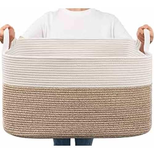 Goodpick Large Blanket Basket, Woven Basket for Storage Rectangle Dirty Clothes Basket for Laundry, Living Room, Nursery, Bedroom Rope Storage Basket for Blankets, Toys, 21.6" x 14.9" x 11.8", 63L