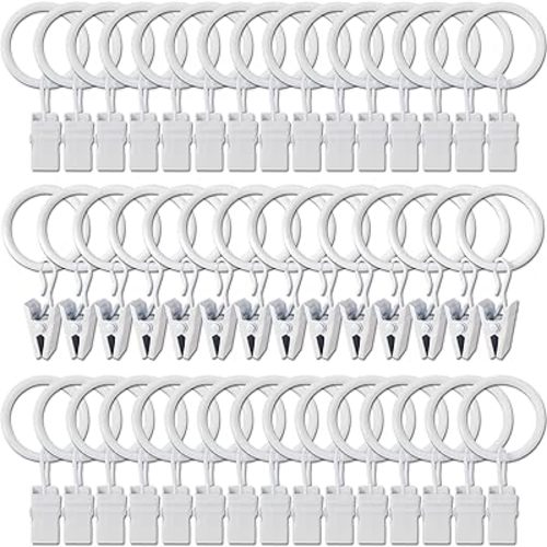 44 Pack Metal Curtain Rings with Clips, Drapery Clips with Rings, Drapes Rings 1 in I D, Fits Diameter 6/8 in Curtain Rod, White