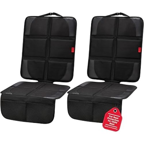 Car Seat Protector with Thick Padding + XL Large Car Seat Cover for Child Car seat, Eco Friendly Waterproof & Durable Fabric + 2 Storage Pockets Protect Fabric or Leather Seats 2Pack (Black)