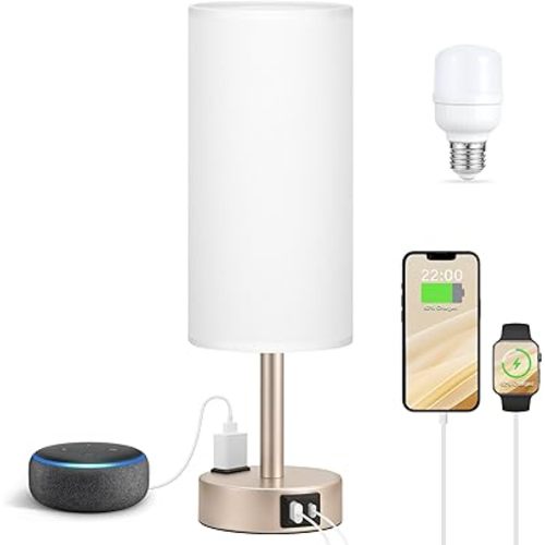Antique White Bedside Table Lamp for Bedroom - 3 Way Dimmable Touch Lamp USB C Charging Ports and AC Outlet, Small Lamp Gold Base Round Flaxen Fabric Shade for Living Room, Desk, LED Bulb Included