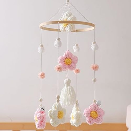 Baby Crib Mobile, Flower Mobile for Crib, Crib Mobile for Boys and Girls, Boho Nursery Decor, Baby Bedroom Hanging Decoration,Pink Flower