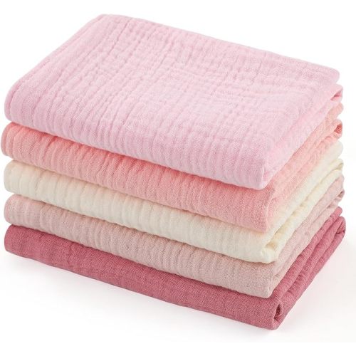 MUKIN Baby Washcloths,Muslin Burp Cloths Towels for Newborns,Absorbent Cotton Bath Face Towel ，5 Pack, 12x12 Inches (Rosy Embrace)