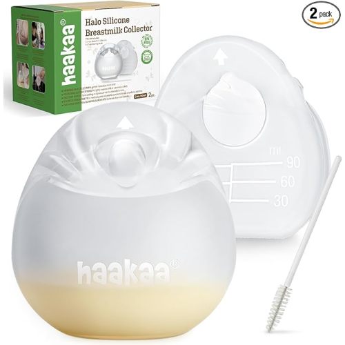haakaa Halo Silicone Breast Milk Collector - Wearable Manual Breast Pump for Breastfeeding, Hands Free Reusable Breast Milk Shells with Cleaning Brush - 3oz/90ml, 2 Count