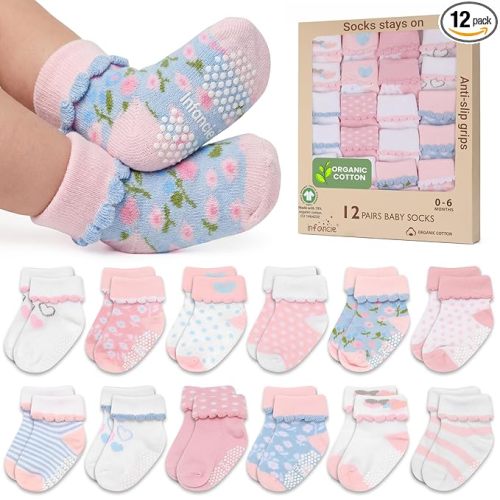 GOTS Certified Organic Cotton Rich Blend Baby Socks 12 Pairs For 0 - 6 (M) Baby Girl Soft, Stretchable & Comfortable Girl newborn Socks, Adorable Sock Shoes For Baby Girl, Gift For Little, Pink