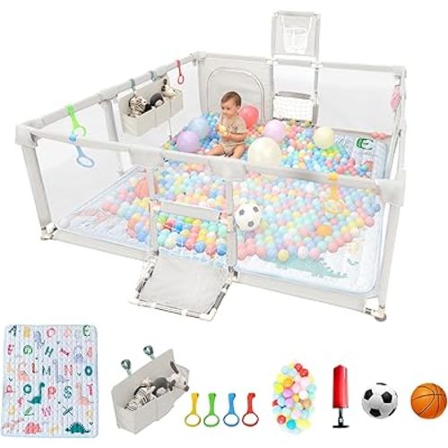 Playpen for Babies and Toddlers,73"x71"Baby Playpen with Mat Indoor＆Outdoor with Breathable Play Pen with Ocean Balls Hanging Pocket Basketball Hoop and Football Goal (Lighr Grey with Mat, 73"x71")