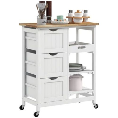 HOMCOM Rolling Kitchen Island Cart, Bar Serving Cart, Compact Trolley on Wheels with Wood Top, Shelves & Drawers for Home Dining Area, Gray