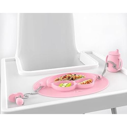 Silicone Suction Toddler Plates - Baby Plate Placemat for First Foods,Self-Feeding Plate for Kids + 3 Divided + 2 Tethers - Dishwasher Safe (Pink)