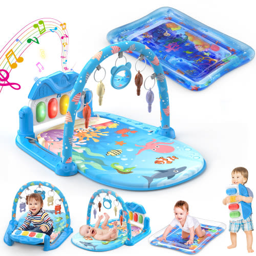WonderStone 2 in 1 Baby Gym Playmat, Tummy Time Water Mat with 5 Infant Sensory Baby Toys & Play Piano, Boys and Girls Newborn Baby Gift 0-12 Month (Blue)