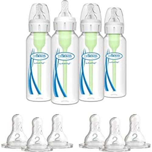 Dr Brown's Options+ Narrow Bottle, 8 Ounce/250 ml 4 pack & Natural Flow Level 2 Narrow Baby Bottle Silicone Nipple, Medium Flow, 3m+, 100% Silicone Bottle Nipple, 6 Pack