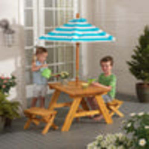 Outdoor Table with Benches &amp; Umbrella