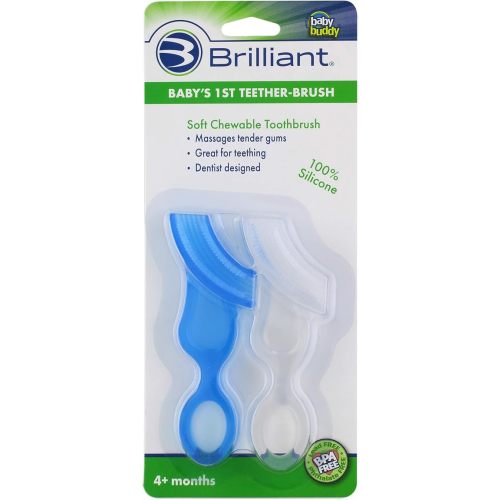 Brilliant Oral Care Baby’s First Toothbrush, Smooth Silicone Bristles Gently Clean Tender Teeth and Gums, for Ages 4+ Months, Blue + Clear, 2 Pack