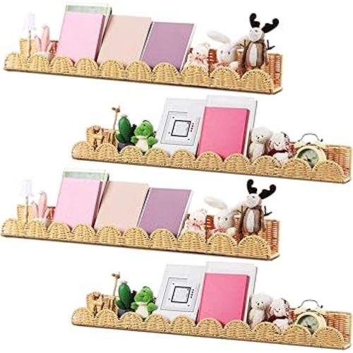 Pinkunn 4 Pcs Nursery Book Shelves 35.4 Inch Rattan Scalloped Floating Bookshelves Wicker Boho Book Shelf for Wall Mounted Decor Nursery Rooms Hanging