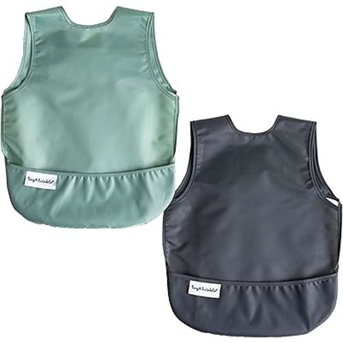 Tiny Twinkle Mess Proof Apron Bibs - 2 Pack Waterproof & Lightweight Baby Bibs for Led Weaning | 100% Recycled Polyester, Easy Clean & Machine Washable (Sage Charcoal,Small 6-24 Months)