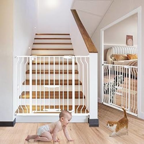 2 Pack Baby Gate with Cat Door - Upgraded 29.5-43" Wide Child Gate with Adjustment Pet Door, Auto Close Metal and Easy Walk Thru Baby Gate for Doorway, Stairs with 4 Wall Cups and 2 Extension Pieces