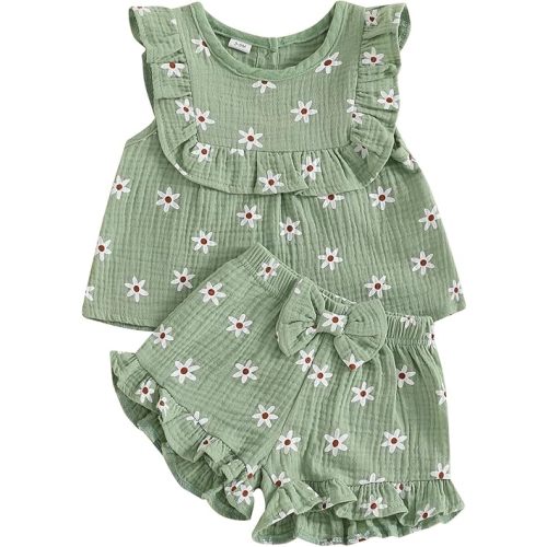 BemeyourBBs Summer Toddler Girl Clothes Baby Girl Ruffle Sleeveless Shirt with Buttons Bow Bloomers Shorts Set Cute Outfits