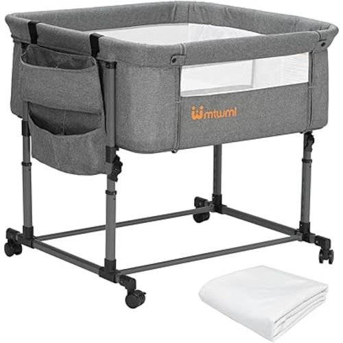 MTWML Twin Bassinet for 2 Babies,Portable Twins Crib with Storage Bag and Replaceable Mattress Cover,Adjustable Height Double Bedside Crib Attaches to Bed with Strap for 0-6 Months (Deep Grey)