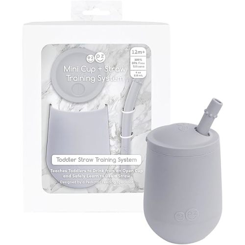 ezpz Mini Cup + Straw Training System - 9 Months+ (Pewter) - 100% Silicone Training Cup for Infants + Toddlers - Designed by a Pediatric Feeding Specialist
