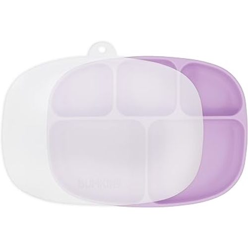Bumkins Toddler and Baby Suction Plate, Silicone Divided Grip Dish and Lid, Large 5-Section Tray for Kids, Essentials in Children Feeding Supplies, Non Skid Stick Bottom, Ages 6 Months Up, Lavender