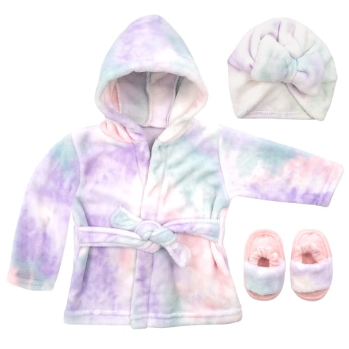 Baby Robe - Soft Plush Bath Towel Robe Spa Set - Baby Bathrobe Towel & Slippers for Boys + Turban for Girls Robe Set (Tie Dye, 0-9 Months)