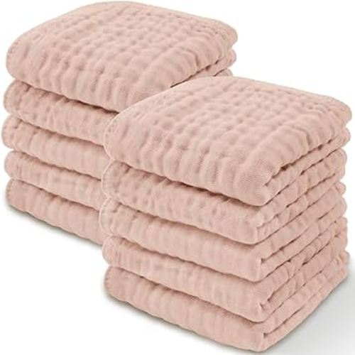 Comfy Cubs Muslin Baby Washcloths 10 Pack - Soft 6-Layer Cotton Wash Cloths for Sensitive Skin - 10"x10" Large, Gentle, Absorbent Infant Essentials for Newborn and Toddlers - (Blush)