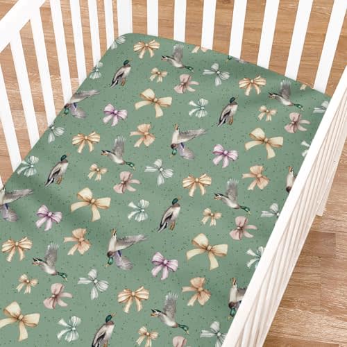 Mallard Ducks Bows Fitted Baby Crib Sheet for Boys Girls 52"x28" Hunting Ducks Soft Crib Mattress Covers Wild Ducks Baby Sheets for Standard Crib and Toddler Mattress Pad