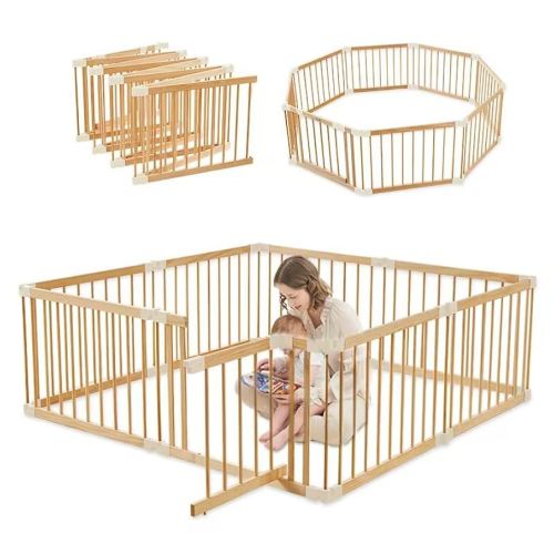 Baby Playpen Door Wooden Fence Large with Door Gate,Wooden Playpen for Babies and Toddlers,Wooden Baby playpen with Door, Changeable & Expandable