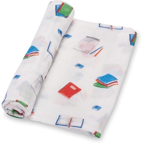 LollyBanks Swaddle Blanket, 100% Cotton Baby Blanket, Soft Muslin Swaddle Blankets 47 x 47 Inches, Nursery Swaddling Blankets for Boys and Girls, Baby Essentials, Registry (Books Print)