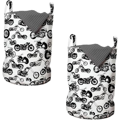 Ambesonne Motorcycle Laundry Bag Pack of 2, Retro Chopper Pattern Monochrome Motorbike Design Adventure Cruising Theme, Hamper Basket with Handles Drawstring Closure, 13" x 19", Black White