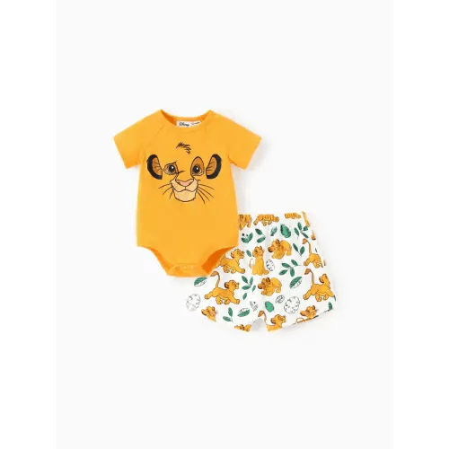 Disney Lion King Baby Boy 2pcs Cotton Simba Leaf Print Romper and Shorts Set
