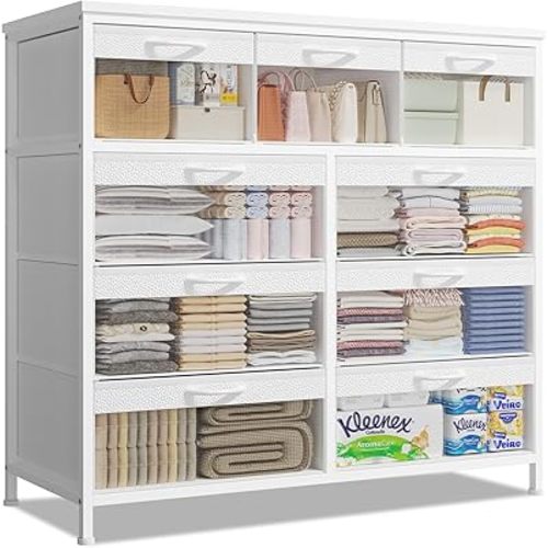 Dresser for Closet, Clear & PU Dual Drawer Quick Find Clothes, 9 Drawer Fabric Chest of Drawers, Closet Organizers Bedroom, Metal Frame, Wood Top, Living Room, Nursery, Entryway, Easy Move, White