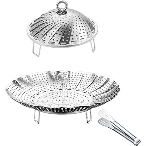 Vegetable Steamer Basket, 304 Stainless Steel Steamer for Cooking, Expendable Food Steamer to Fit Various Size Pot (5.7" to 9" + 7.3" Kitchen Tong)