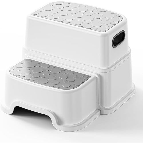 UNCLE WU 2 Step Stool for Kids -Toddler Step Stool Hepler for Bathroom Sink-Dual Height 9.5" Non-Slip for Potty Training, Kitchen, Bedroom & Classroom (Gray White)