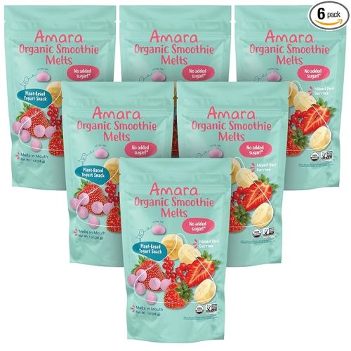 Amara Smoothie Melts - Mixed Red Berries - Baby Snacks Made With Fruits and Vegetables - Healthy Toddler Snacks For Your Kids Lunch Box - Organic Plant Based Yogurt Melts - 6 Resealable Bags