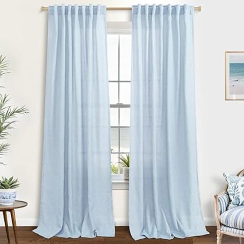 KOUFALL Pale Blue Curtains 96 Inches Long for Living Room,Linen Sheer Pleated Coastal Curtains for Nursery Boy Girl,Pastel Light Blue