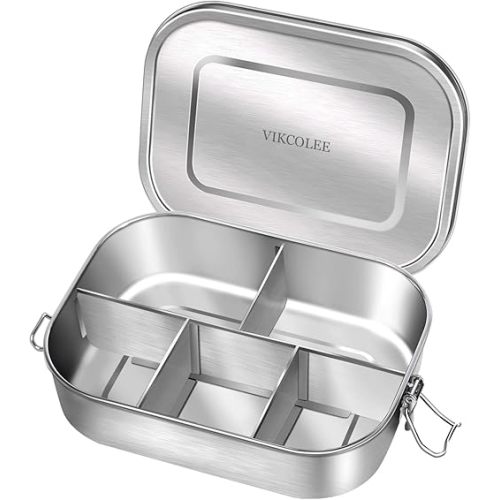 Stainless Steel Bento Lunch Food Box Container, 5-Compartment Large 1400ML Metal Lunch Box Container for Adults with Lockable Clips to Leak - Dishwasher Safe