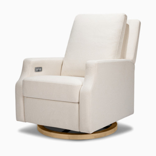 Crewe Electronic Recliner and Swivel Glider - Performance Cream Eco-Weave With Light Wood Base