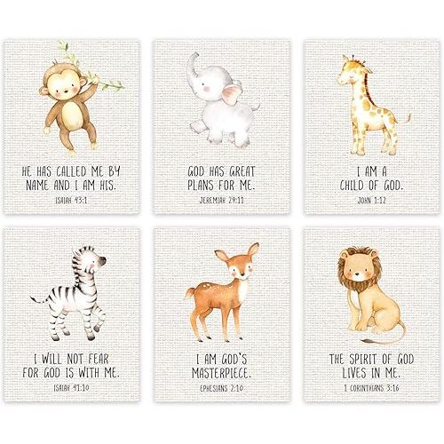 Andaz Press Christian Bible Verses Quotes Nursery Kids Room Unframed Hanging Wall Art Poster Home Decor, 8.5x11-inch, Jungle Safari Animals Theme, Burlap, 6-Pack, No Frames