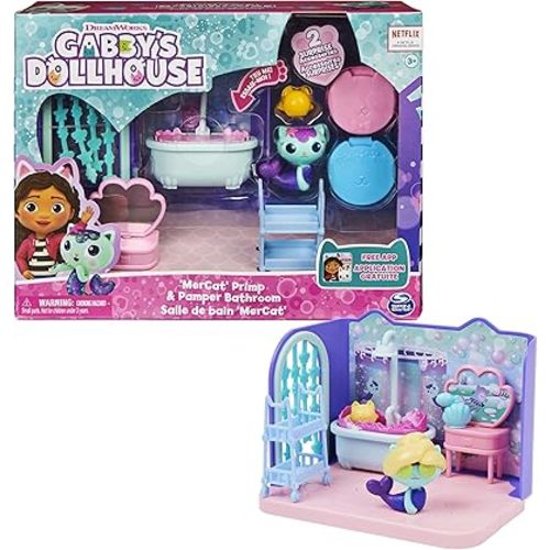 Gabby's Dollhouse, Primp and Pamper Bathroom with Mercat Figure, 3 Accessories, 3 Furniture Pieces and 2 Deliveries, Kids’ Toys for Ages 3 and Above