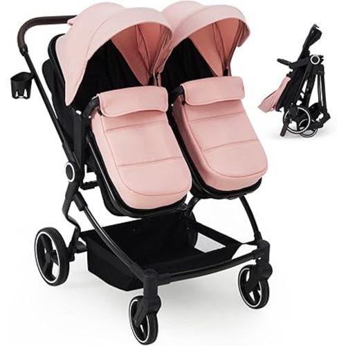 Foldable Side by Side Twin Stroller – Lightweight Double Stroller with Reversible Seat, Multi-Position Recline, One-Touch Brake & Parent Cup Holder for Newborn and Toddler, Pink