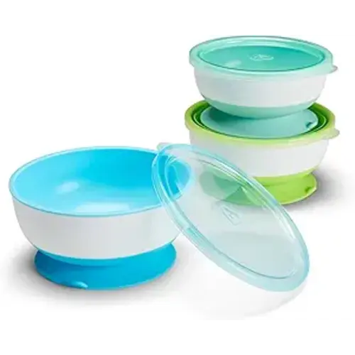 Munchkin Stay Put Suction Baby Bowls with Lids - Dishes for Babies and Toddlers, Self-Feeding Bowl Set for Kids 6+ Months, 3 Pack, Blue/Green