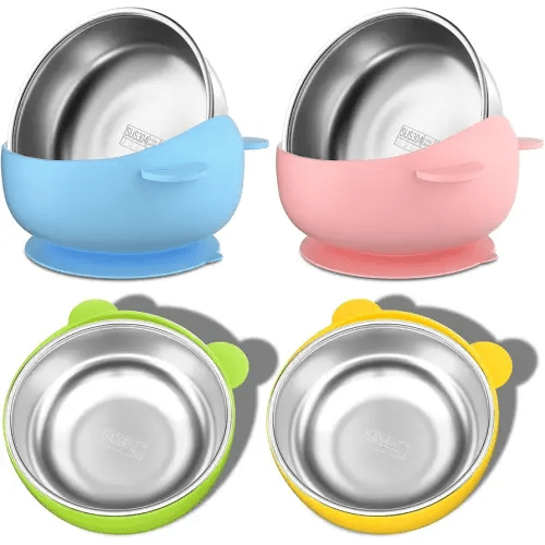 Stainless Steel Baby Bowls with Suction, 2-in-1 SUS304 Toddlers Bowl & Removable Silicone Suction Kids Bowl, Anti Scald Non Toxic Snack Container for Baby Food Feeding, 4 Colors Set