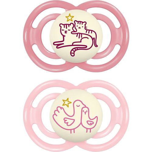 MAM Perfect Night Baby Pacifier, Patented Nipple, Glows in the Dark, 6-16 Months, Girl, 2 Count (Pack of 1)