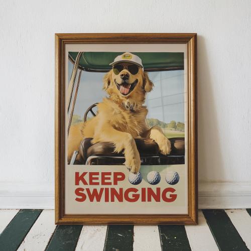 Funny Golden Retriever Art, Vintage Aesthetic Dog Golf Art Print, Golf Wall Art, Dog Playing Golf, Keep Swinging, Printable Digital Download