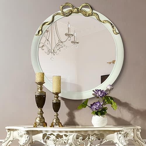 27 inch Round/Circle Wall Mirror, Vanity Bow Mirror for Wall Decor, Decorative Antique White&Gold Bathroom Mirrors, Traditional Art Home Decor for Dressing Table, Living Room, Bedroom