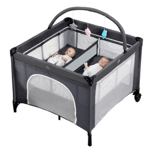 Twin Bassinet - Foldable Double Bassinet For Twins With Hanging Toys & Storage Basket, Portable Bedside Sleeper Pack And Play With Carry Bag Grey | Wayfair