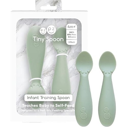 ezpz Tiny Spoon (2 Pack in Sage) - 100% Silicone Baby Spoon for Baby Led Weaning + Purees - 6 Months + - Designed by a Pediatric Feeding Specialist - Baby Essentials & Baby Gifts