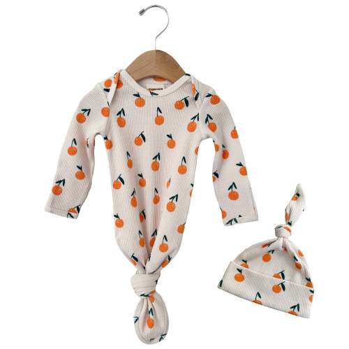 Organic Waffle Knotted Gown & Hat Set, Oranges