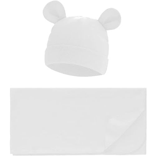 Unisex Baby Swaddle Blanket with Hat Set Newborn Swaddle Receiving Blankets Sleep Sack for 0-3 Months Boys Girls(White)